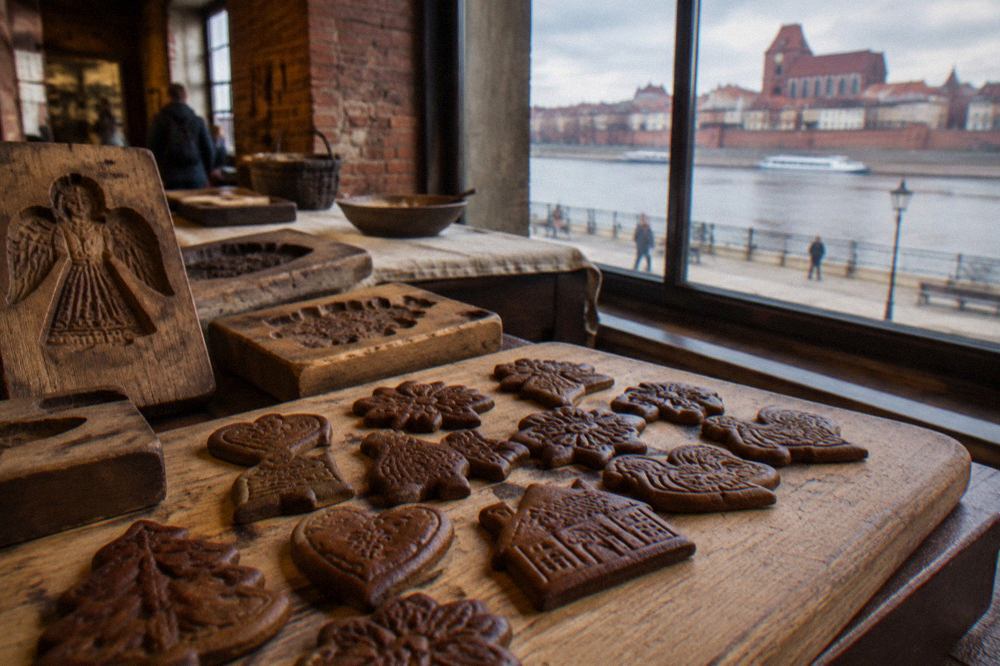 Decoratively shaped dark gingerbread pieces arranged on a wooden board beside carved wooden baking moulds