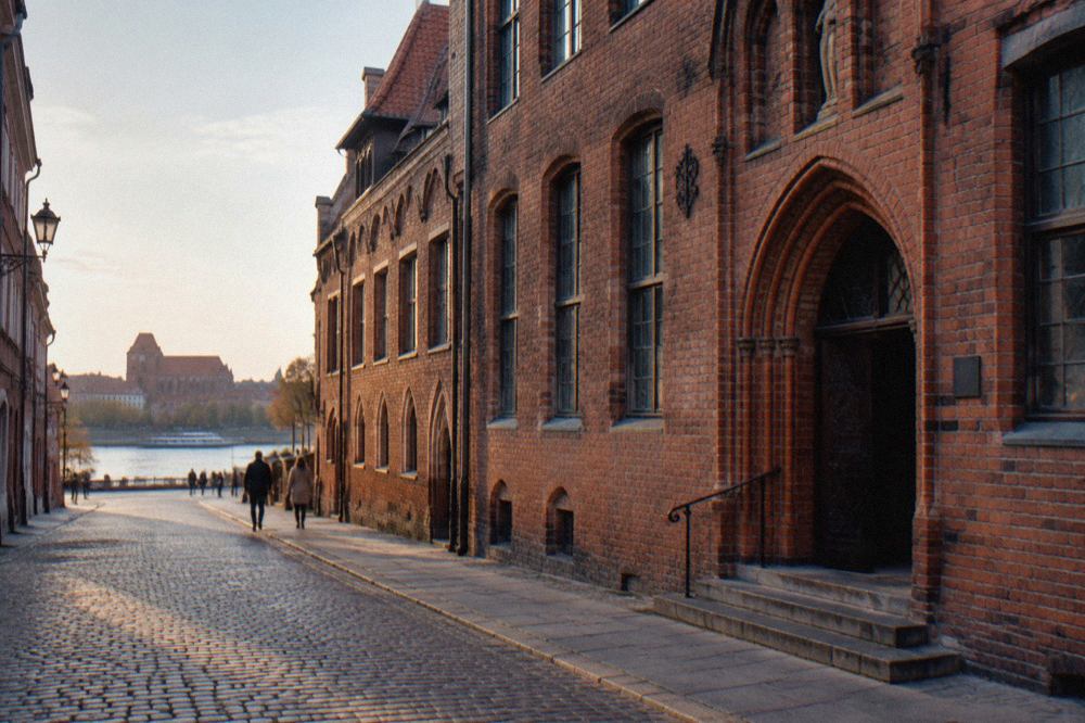 Gothic brick townhouses on a narrow street in the Old Town of Toruń, with the Copernicus House museum entrance in view