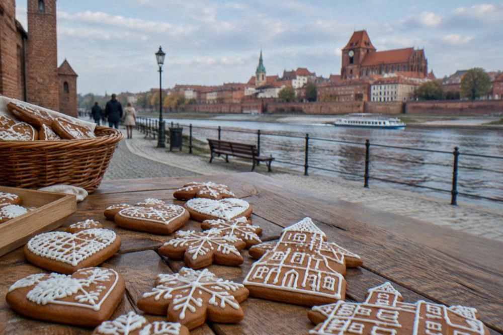 Gingerbread cookies decorated with white icing on a wooden table in Toruń