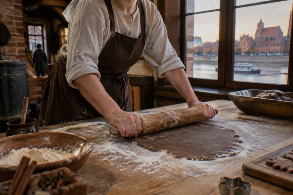 A baker rolling spiced gingerbread dough on a floured wooden board