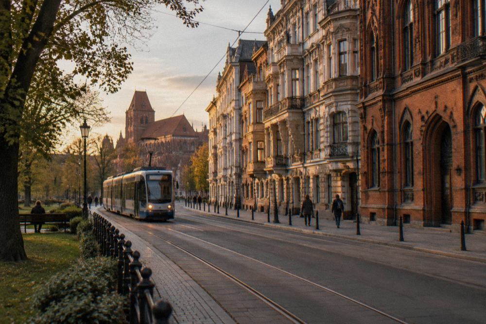 Tram tracks running along ul. Bydgoska past ornate tenement facades in Toruń