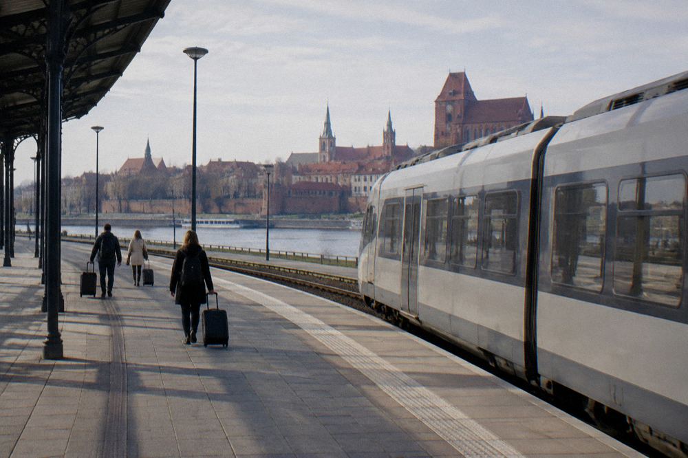 A plain unmarked regional train standing at an empty station platform in Toruń, a few travellers with suitcases small and from behind.