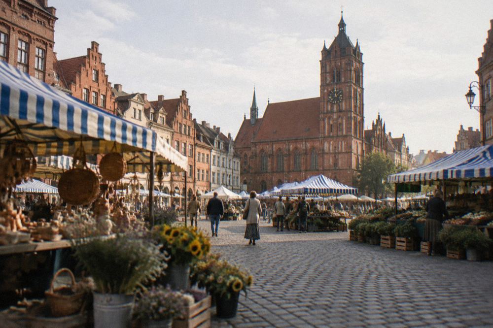 Market stalls with striped canopies filling a town square beside brick townhouses