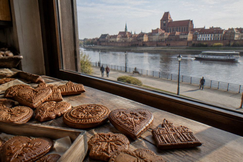 Gingerbread biscuits decorated with pressed patterns lying on a wooden table in a bakery window