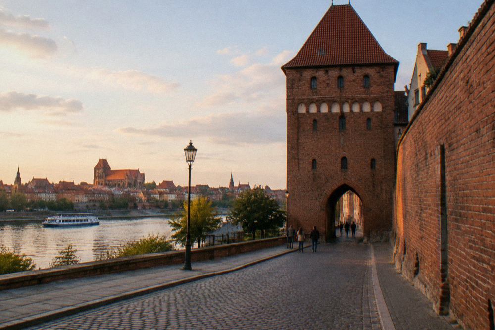 Brick medieval wall and gate tower beside a cobbled street in Toruń