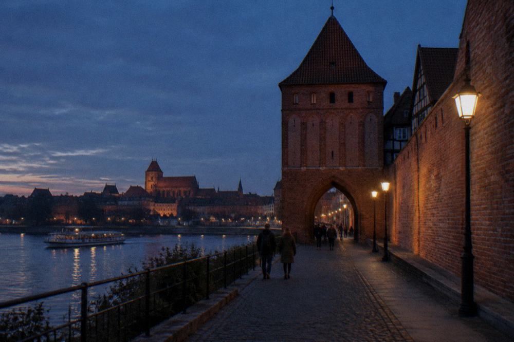Stretch of brick medieval wall with a gate arch in Toruń at dusk