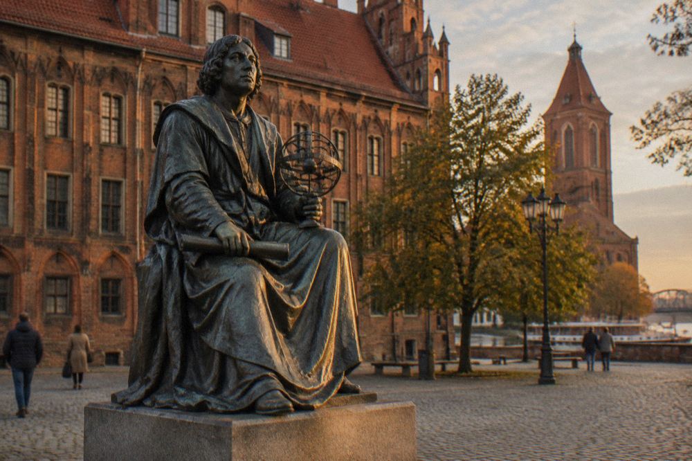 The Copernicus statue seen against the red brick facade of the Old Town Hall