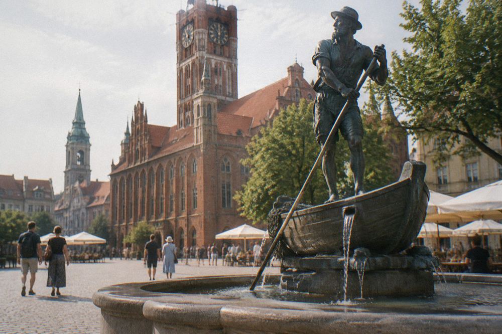 Tourists on the market square with the raftsman fountain in the foreground