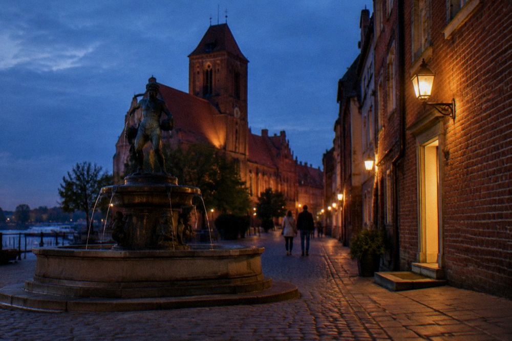 A narrow Old Town lane in Toruń after dark, warm lamps on brick walls and a lit doorway glowing, a couple walking away.