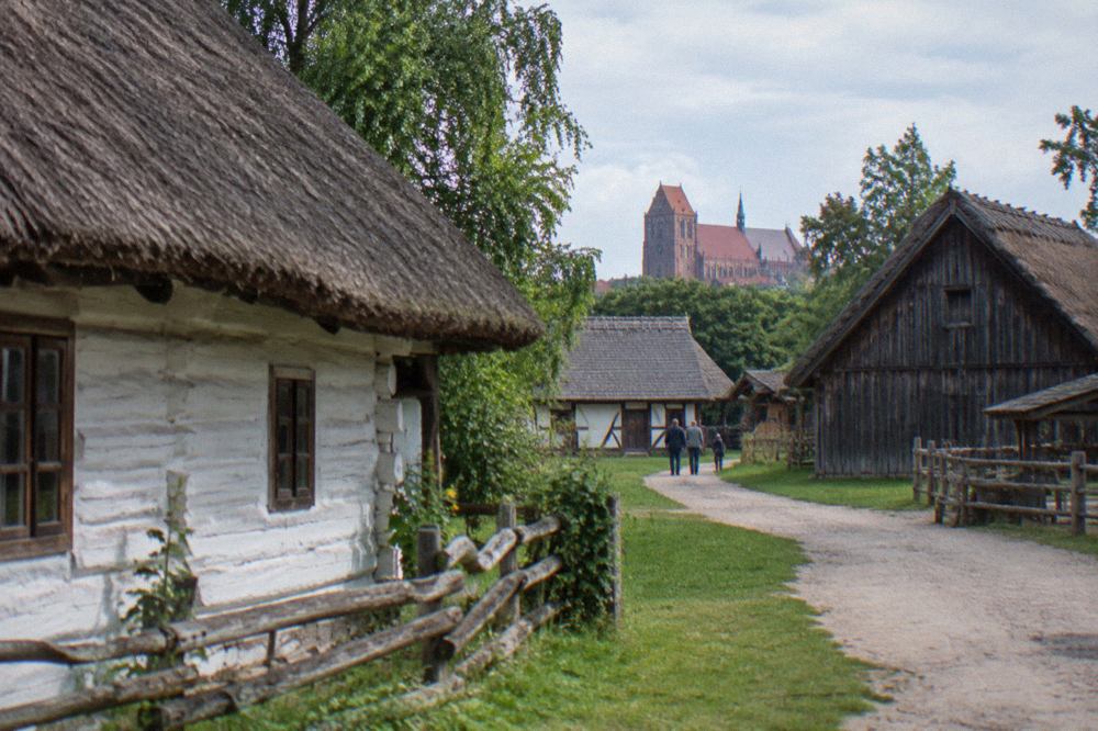 Traditional rural buildings in the open-air park of the ethnographic museum in Toruń