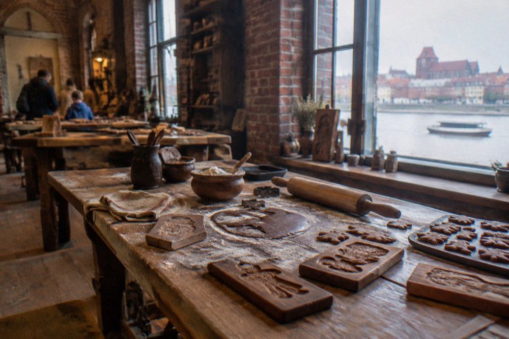 A gingerbread baking workshop room with wooden tables, moulds and baking tools