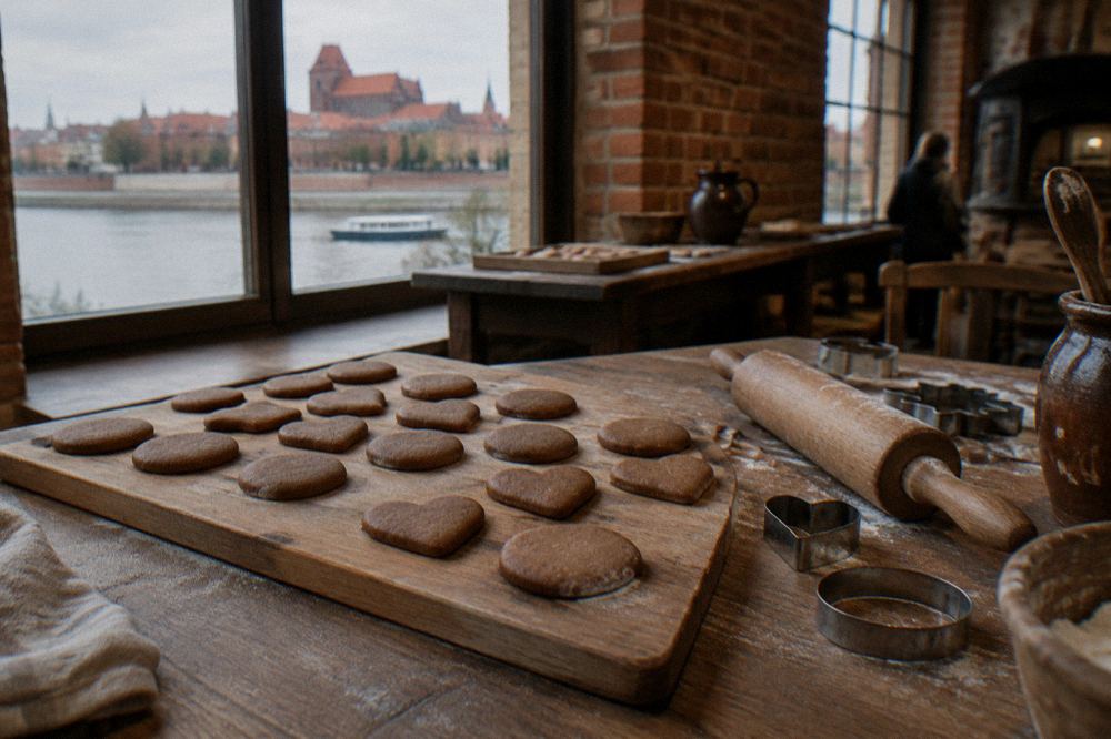 A wooden board of round and heart-shaped gingerbread cookies without any writing, a rolling pin and cutters beside, a Toruń bakery table.
