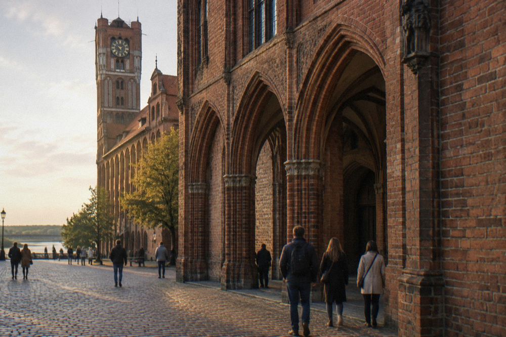 Visitors looking at Gothic brick arcades at the entrance to the town hall
