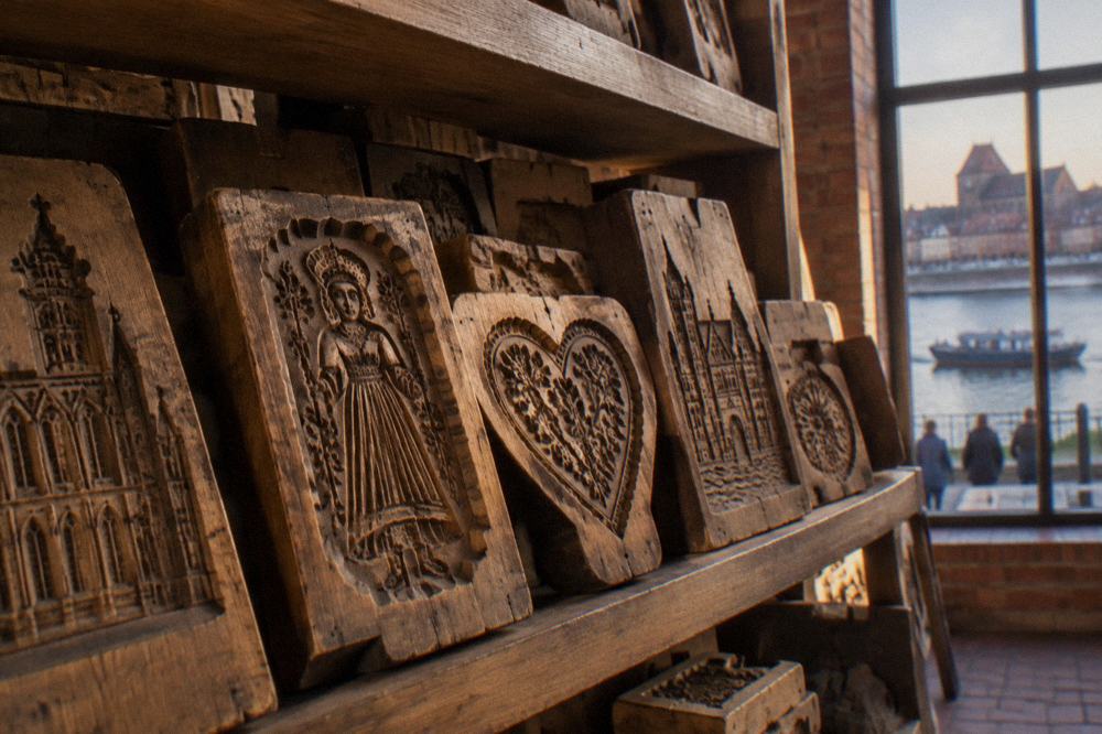 Wooden gingerbread moulds with carved patterns stacked on a shelf in a Toruń museum display