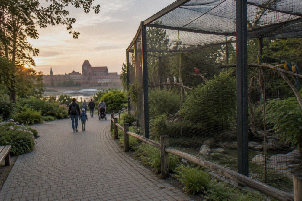 Walkway beside a large netted aviary pavilion in a green city garden