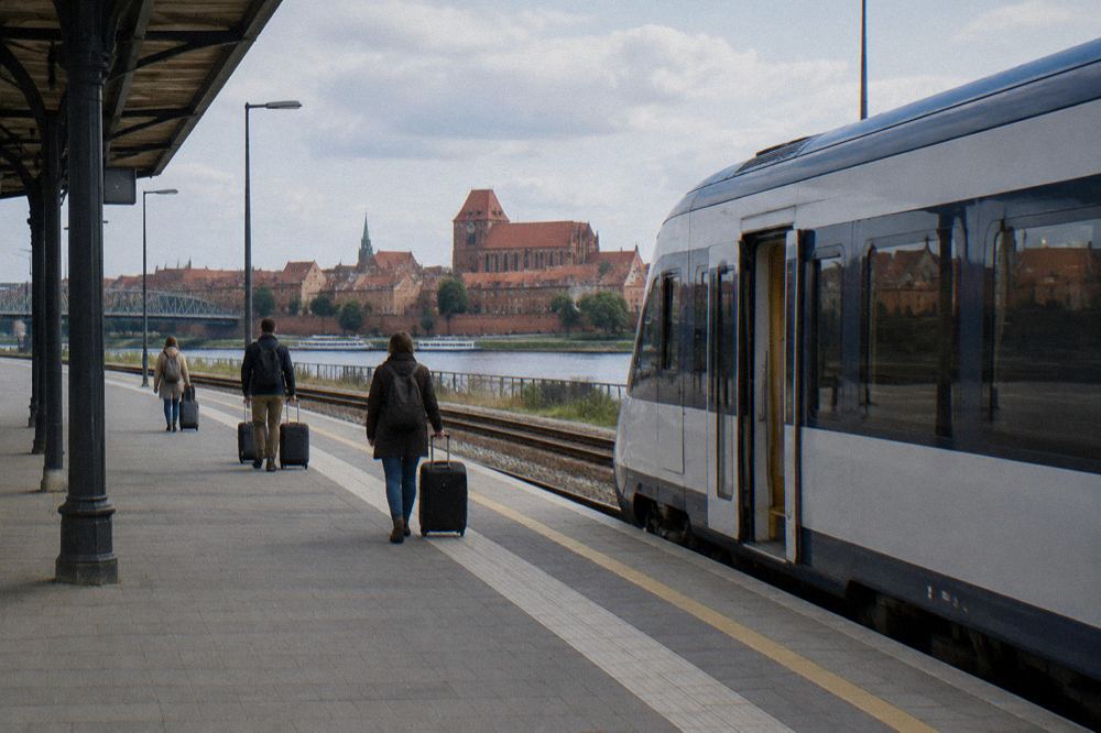 A plain unmarked regional train standing at an empty station platform in Toruń, a few travellers with suitcases small and from behind.