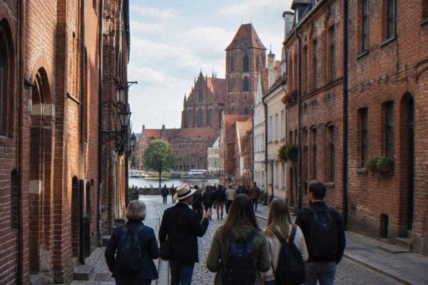 Visitors with a guide strolling down Szeroka Street in Toruń's Old Town between narrow brick houses, seen from behind