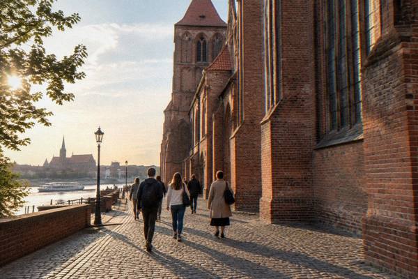 A group walking along the side of the massive brick cathedral in Toruń in warm afternoon light, long shadows on the cobbles, seen from behind, Cathedral of SS John the Baptist and John the Evangelist