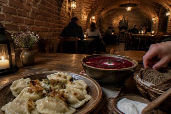 A rustic table in a windowless brick cellar restaurant in Toruń with dumplings, a bowl of beet soup and rye bread, a hand reaching in, no writing visible, Old Town Market Square