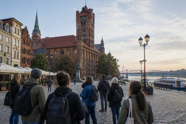 A walking group gathered in the Toruń Old Town