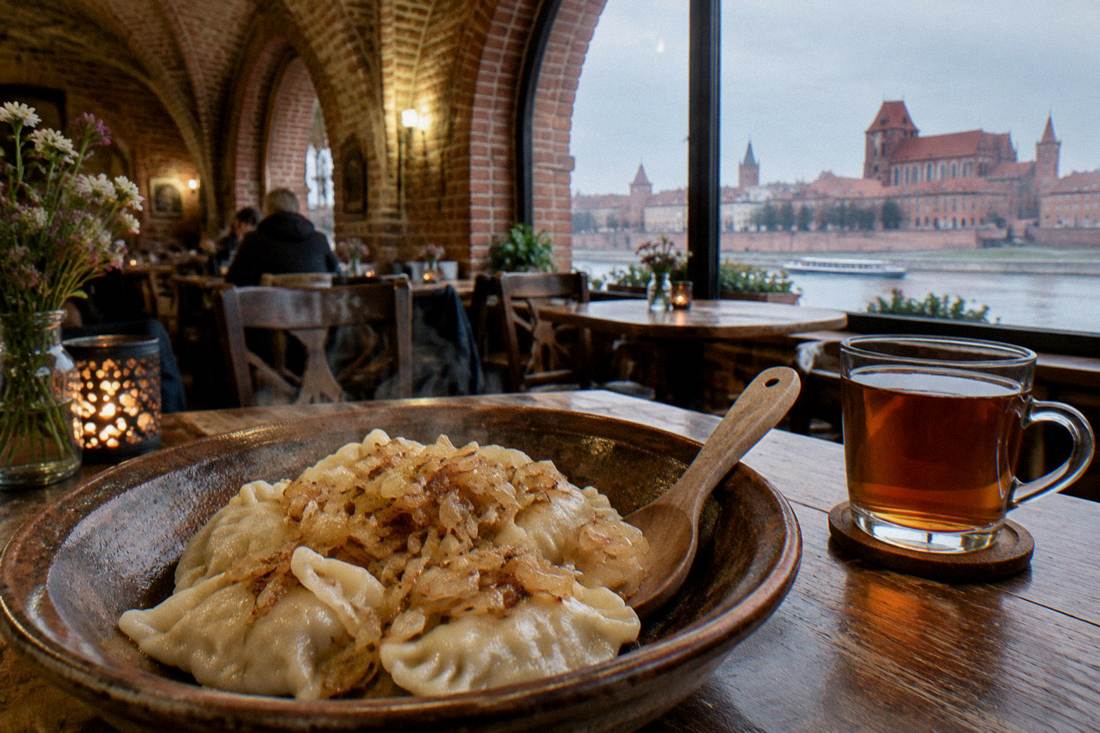 A table of steaming dumplings with onions in a brick-vaulted restaurant
