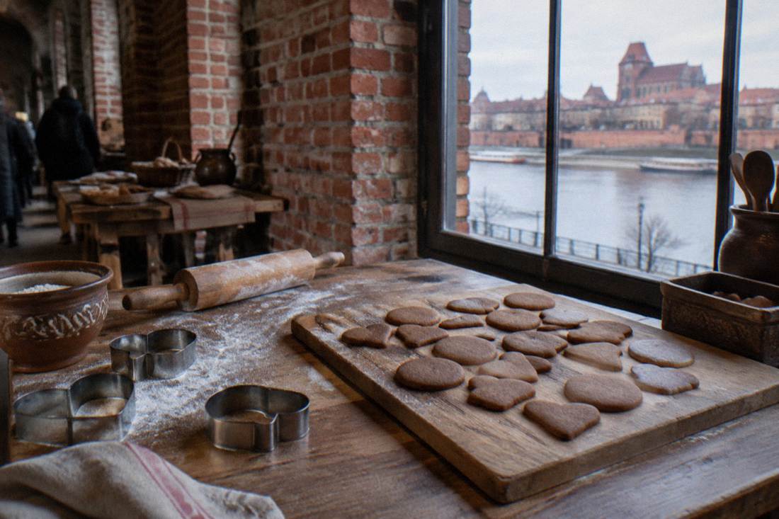 A board of round and heart-shaped gingerbread cookies with a rolling pin