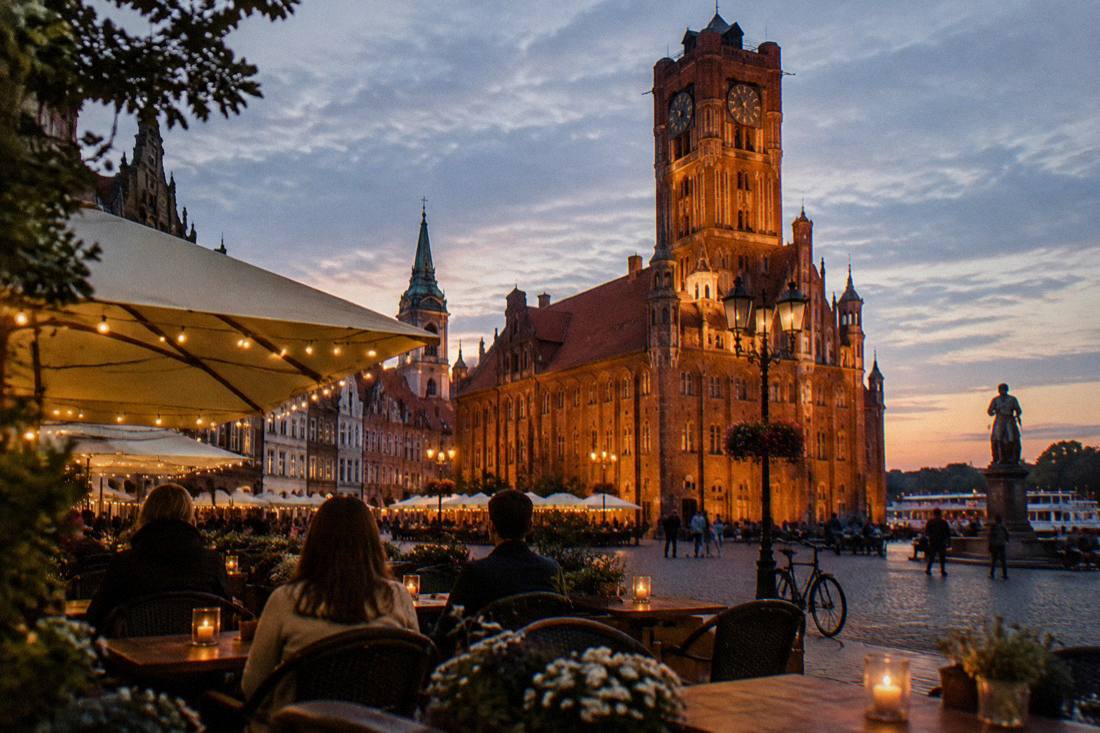 Cafe tables with candles on the Old Town square in Toruń at dusk