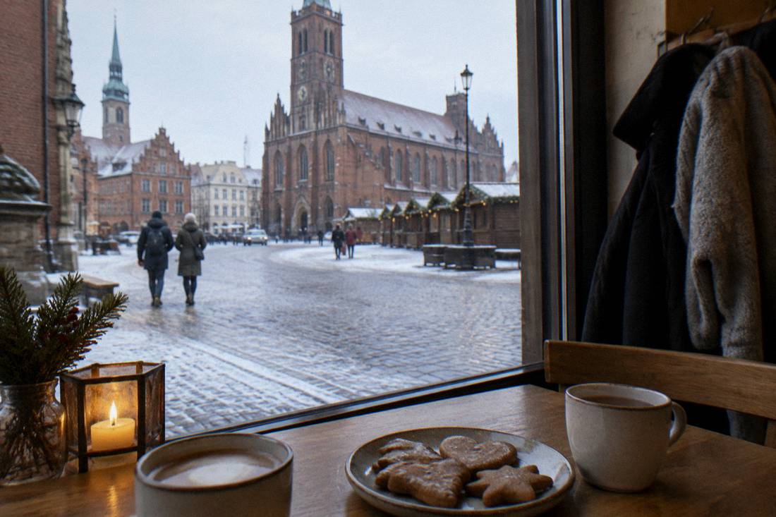 A warm cafe window seat in Toruń with two mugs and a plate of gingerbread