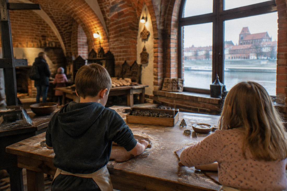 Two children from behind rolling gingerbread dough in a brick-vaulted workshop
