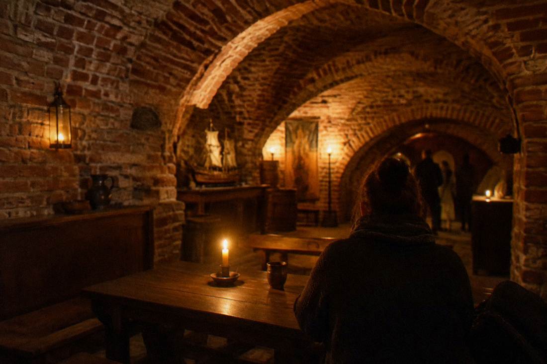 A warm brick cellar room with low arches and a candle in Toruń