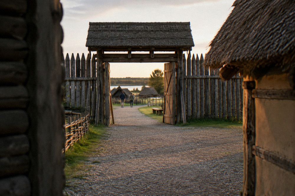 A gravel path leading through a reconstructed wooden settlement gate toward open-air display grounds
