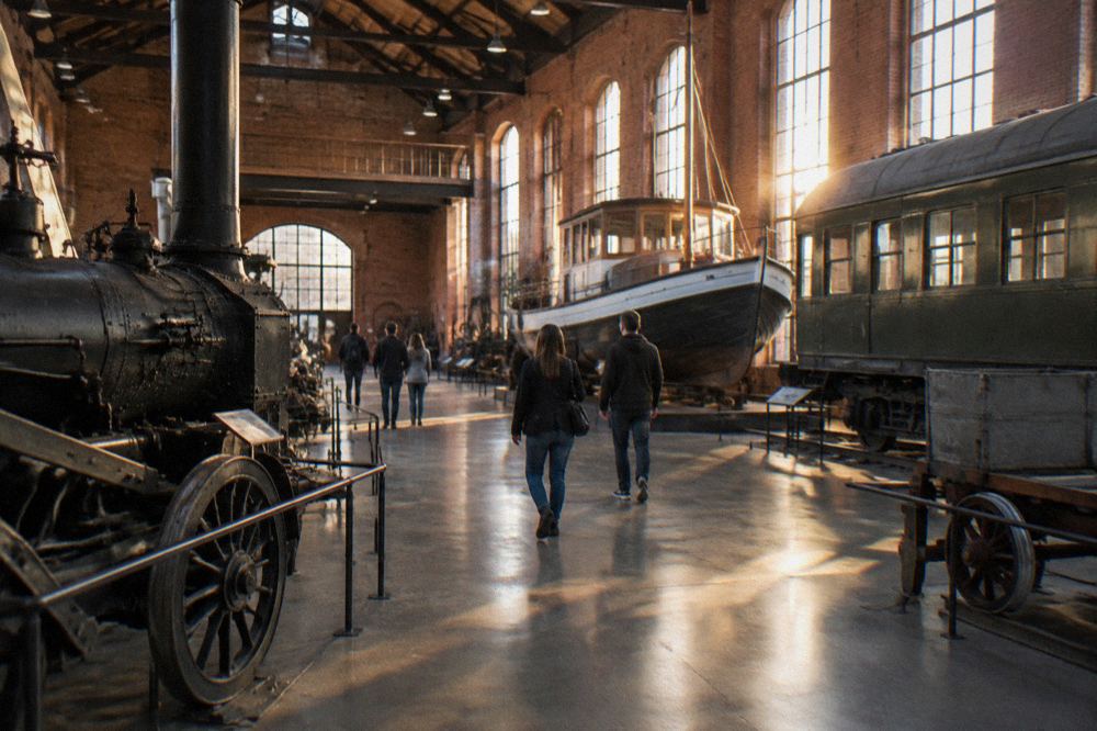 Visitors walking through a museum hall with industrial exhibits