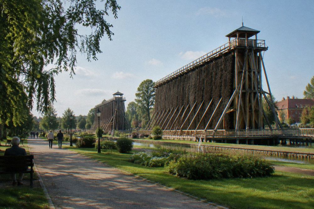 Wooden graduation towers rising over a park in a Polish spa town