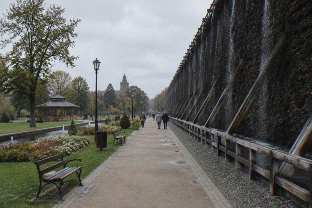 A park walkway beside tall wooden brine walls in a spa town