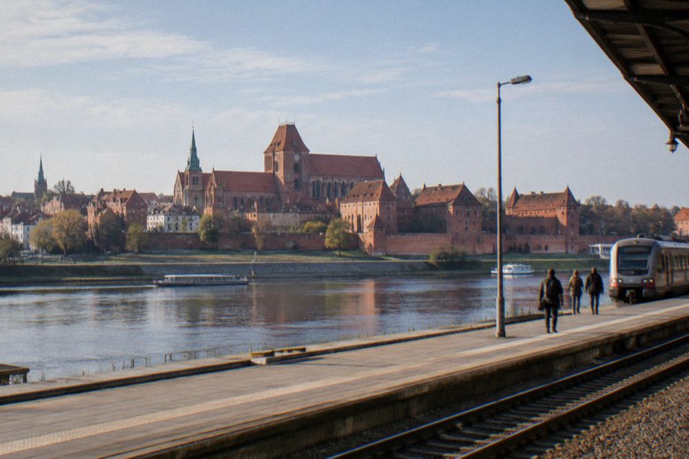 A vast red-brick castle complex beside a river seen from across the water