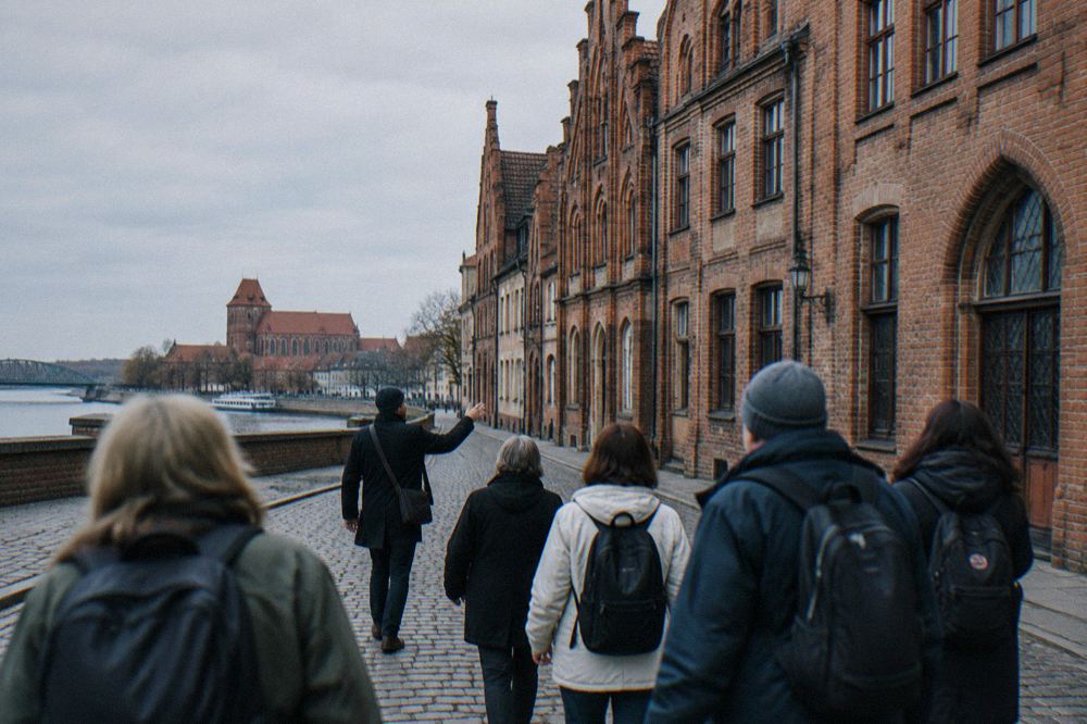 A guide leading a small group of visitors along a cobblestone street of Gothic townhouses