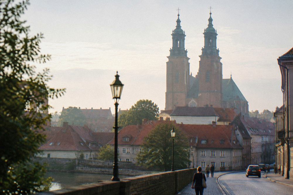The twin towers of Gniezno Cathedral rising above the roofs of the old town