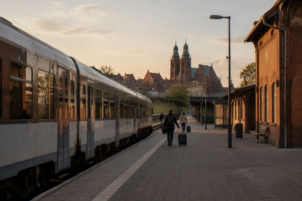 A plain unmarked regional train standing at an empty station platform in Toruń, a few travellers with suitcases small and from behind.