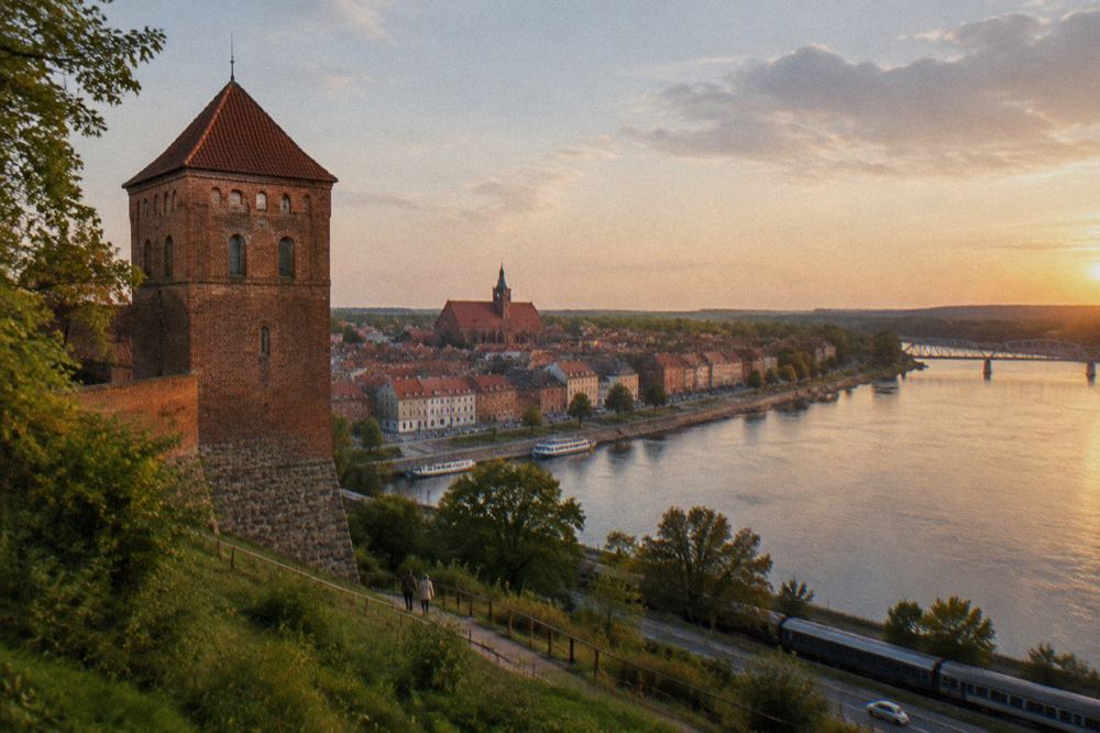 A brick tower on a green hill overlooking a river town skyline