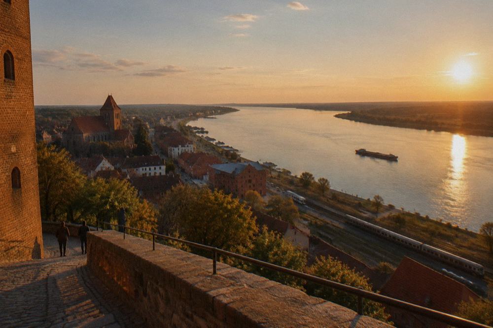 A view along the Vistula river from a hilltop tower at golden hour