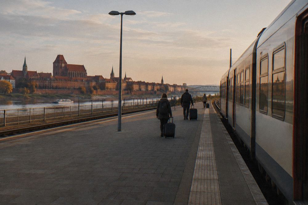 A plain unmarked regional train standing at an empty station platform in Grudziądz, a few travellers with suitcases small and from behind.