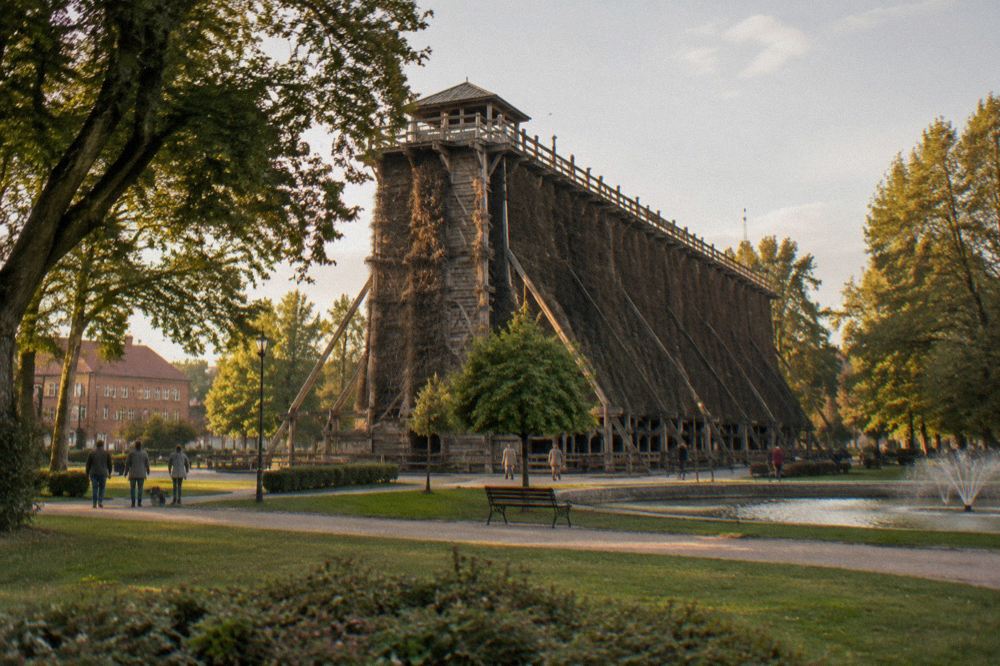 A wooden graduation tower standing among trees in a spa park