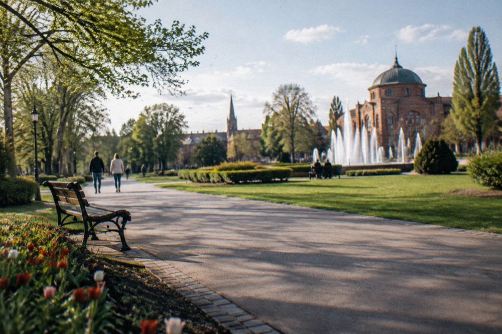 Pathways and green lawns in a large spa park on a bright day