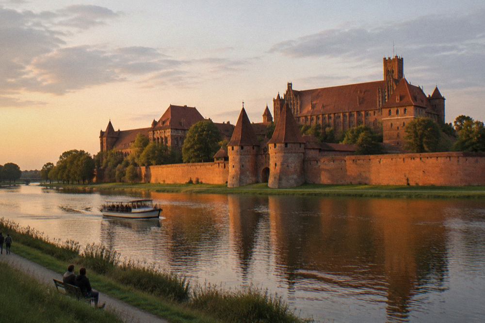 Red brick castle walls and towers of Malbork Castle rising above a river