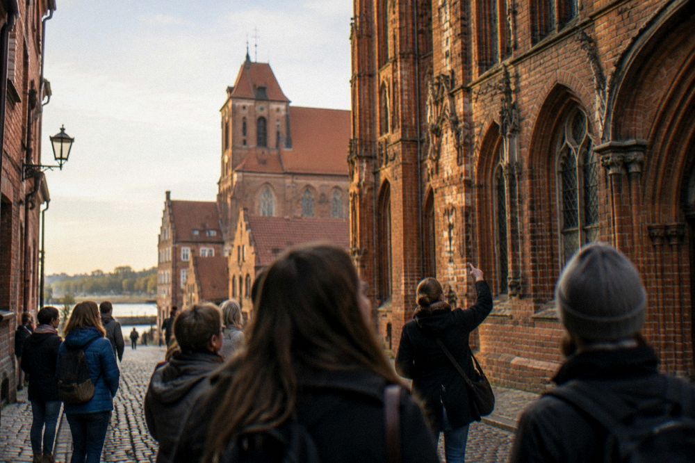 Guided walking group on a narrow medieval street in Toruń with a guide pointing at a gothic facade