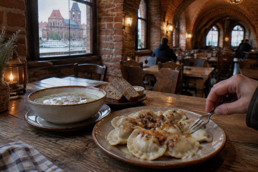 A rustic wooden table with a plate of boiled pierogi with fried onions, a bowl of soup and rye bread, a hand reaching in, in a generic brick-vaulted dining room, no writing or menu visible.