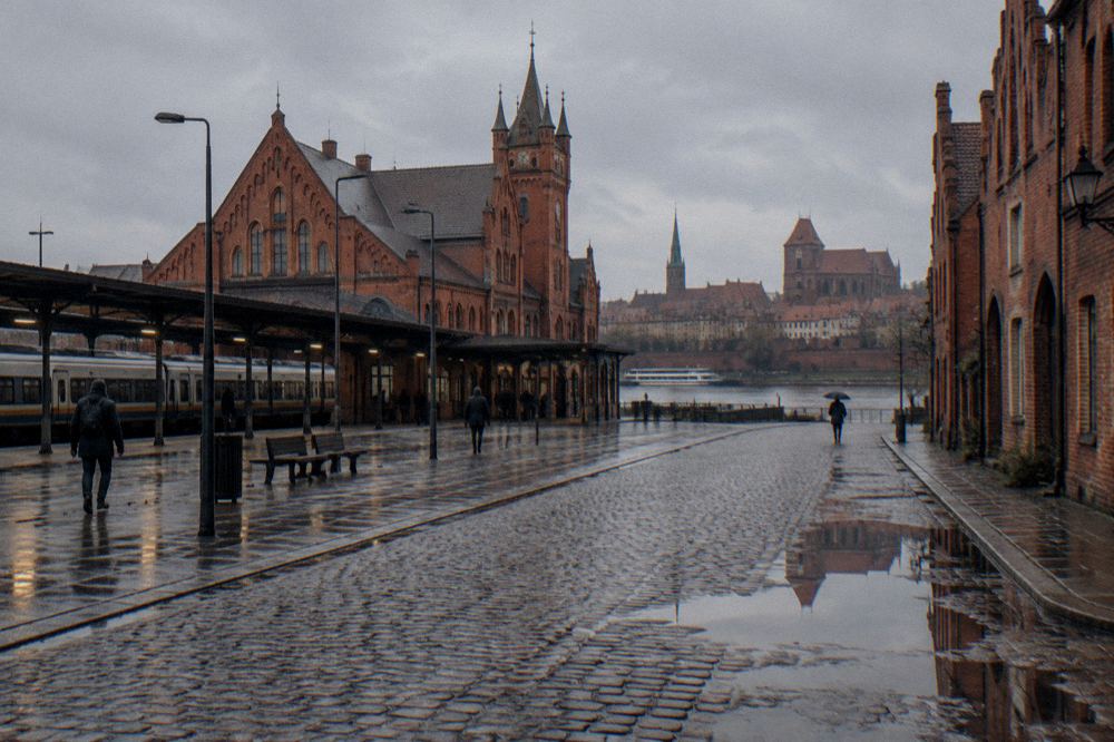 A rain-washed cobbled lane in Toruń's Old Town, wet brick gables reflected in puddles, one person with an umbrella far off.