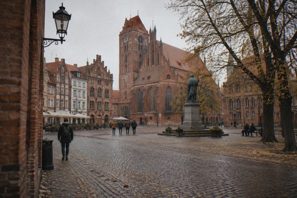 Red brick gothic church and medieval buildings in Toruń old quarter in late autumn