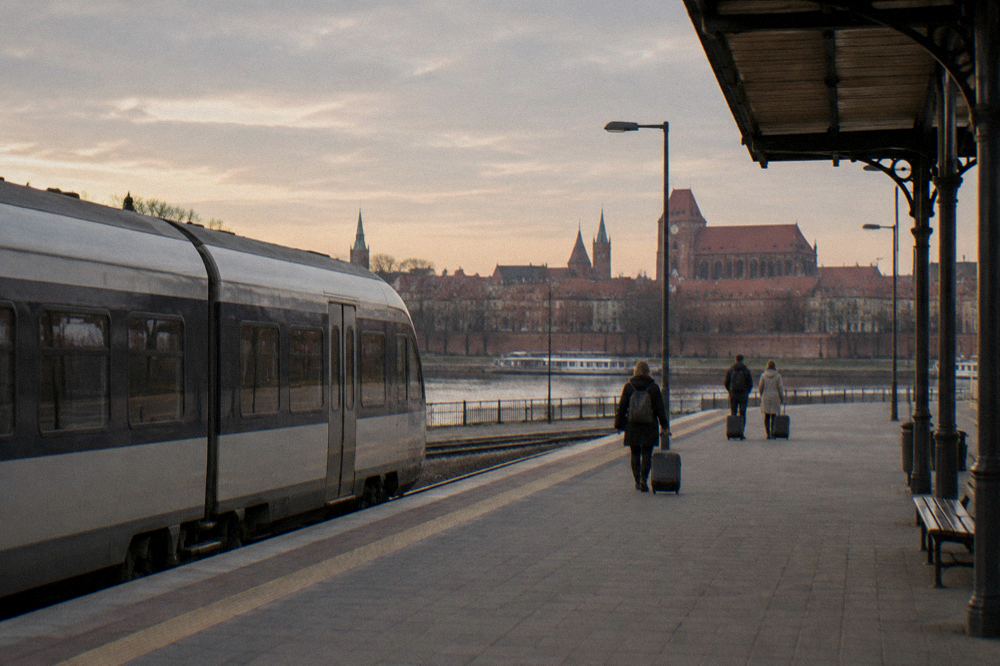 A plain unmarked regional train standing at an empty station platform in Toruń, a few travellers with suitcases small and from behind.