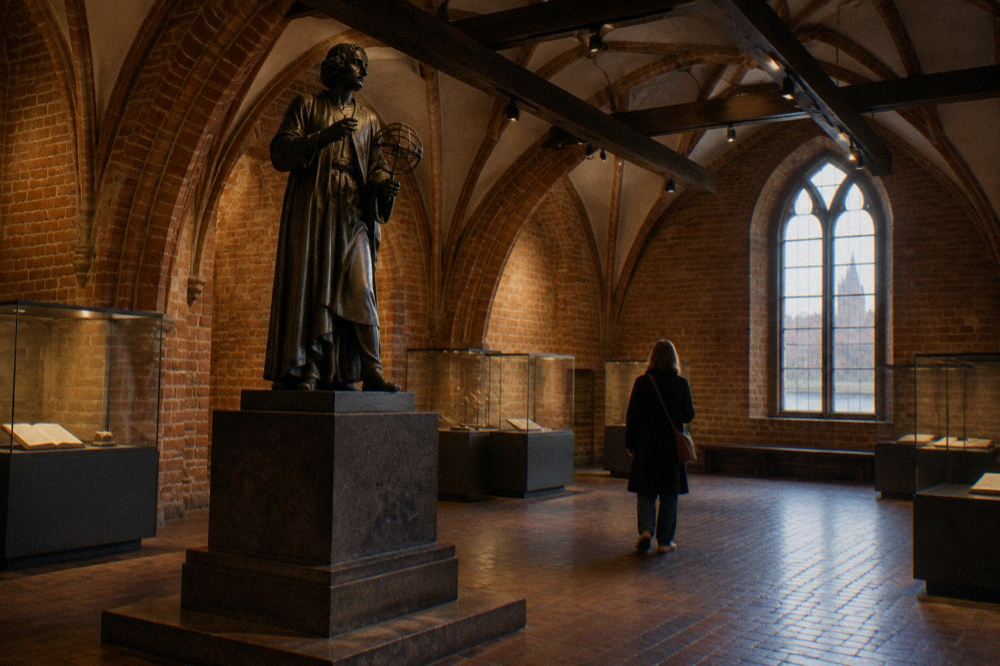 Interior of a Gothic merchant house museum with wooden beams and period displays